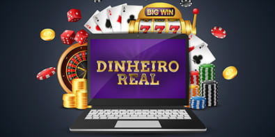 Computador portátil com cartas, dados e fichas